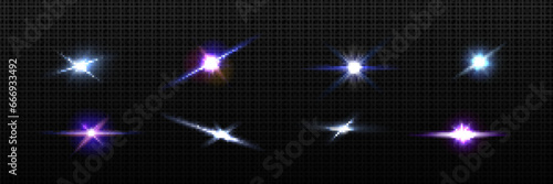 Light shine effects set isolated on transparent background. Vector realistic illustration of magic star twinkling in darkness, alien planet sparkling in space, neon white glimmer, bright camera flash