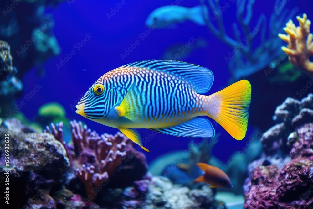 a colorful tropical fish swimming in a blue aquarium a colorful tropical fish swimming in a blue aquarium
