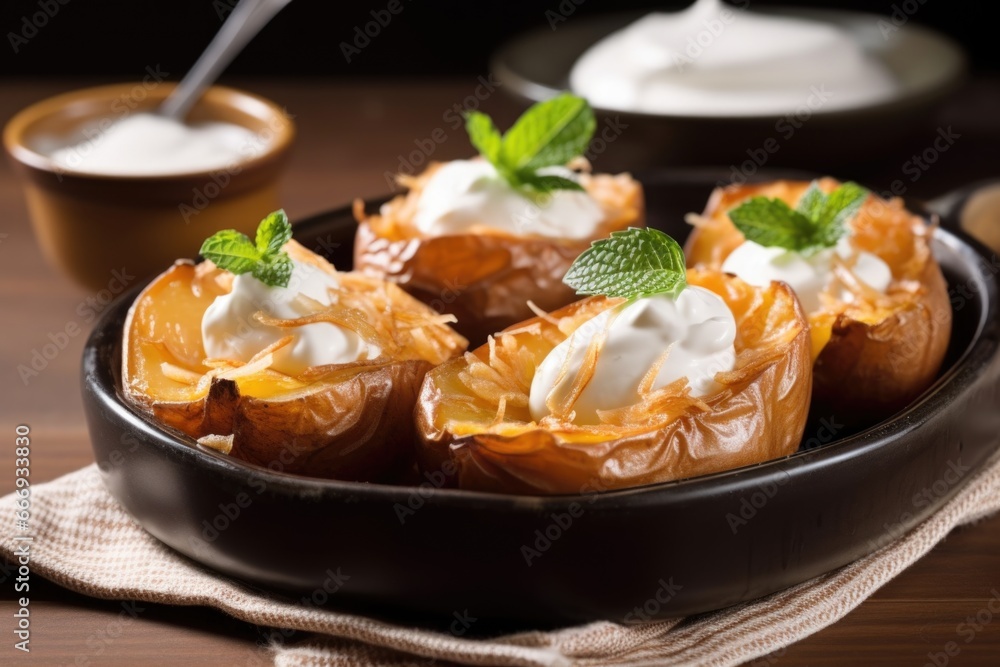 topping potato skins with a dollop of cream held in a spoon