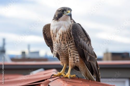 a falcon, with wings folded, perched on a city rooftop