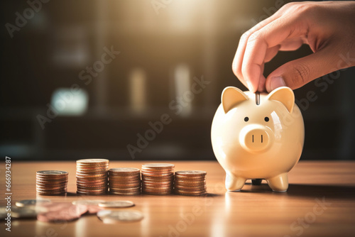 Hand add coin to piggy bank save coin, time and money concept photo