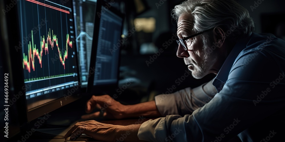 Older man working on computer looking at market chart