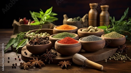 A collection of Ayurvedic herbs and spices in wooden bowls
