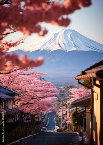 view of Mount Fuji from the street of a Japanese city, cherry blossoms, trees, tourism, Japan, travel, road, mountain landscape, beauty, walk, flowers