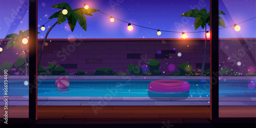 Poolside in backyard with inflatable ring and ball on water, palm trees and brick fence, garlands with light bulbs under wooden patio. Cartoon evening or night panorama of swimming pool in courtyard.