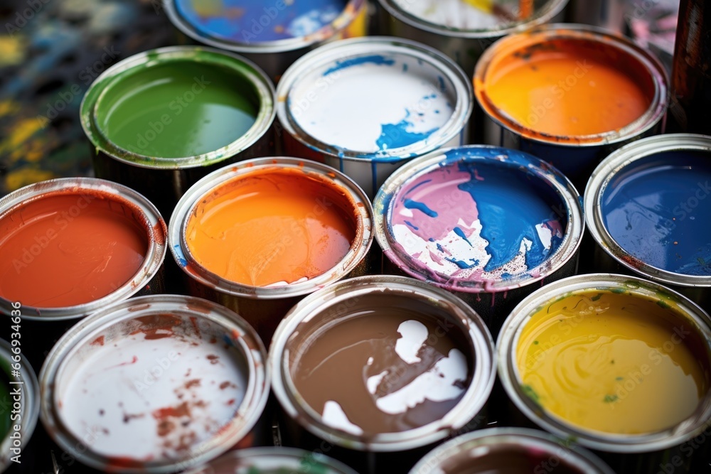 close up of multi-colored paint cans used for protest art close up of multi-colored paint cans used for protest art