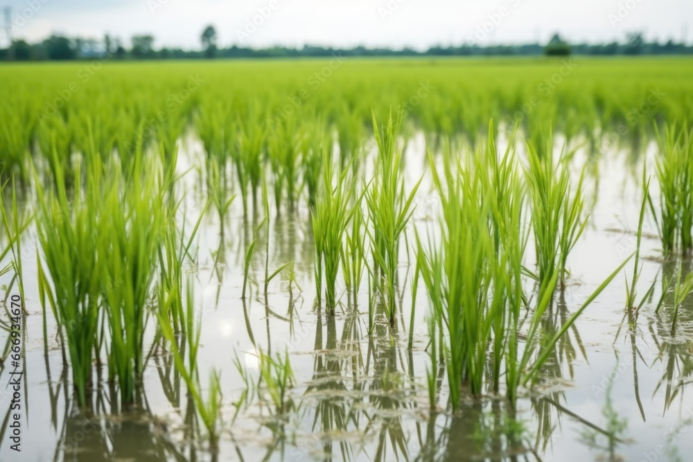 growing rice plants in a flooded field