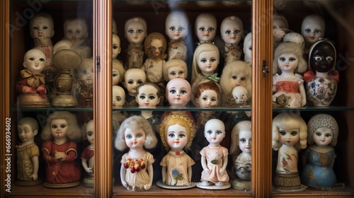 A collection of antique porcelain dolls in a glass cabinet