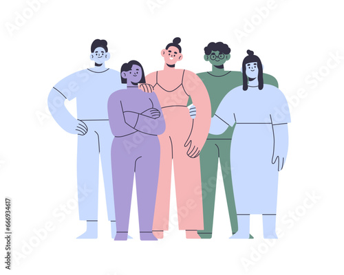 Abstract people group. Happy young male and female characters standing together, portrait. Diverse friends team, united international community. Flat vector illustration isolated on white background