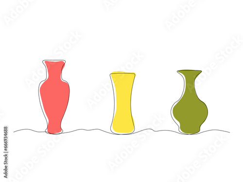  a set of three Abstract flower vases continuous One line art drawing