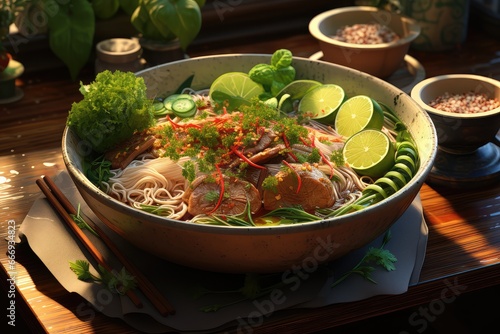 A bowl of Vietnamese pho with beef, rice noodles, and a variety of herbs and spices
