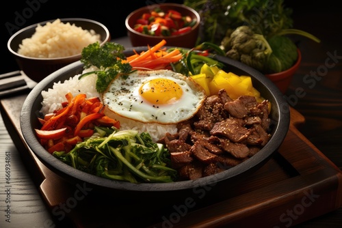  A plate of Korean bibimbap with rice, vegetables, meat, and a fried egg 