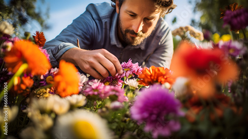 A handsome bearded middle age flower farmer tending to colorful blooms dedicated to floriculture