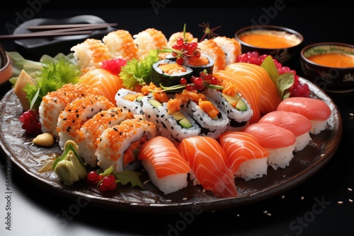  A plate of Japanese sushi with a variety of rolls and nigiri 