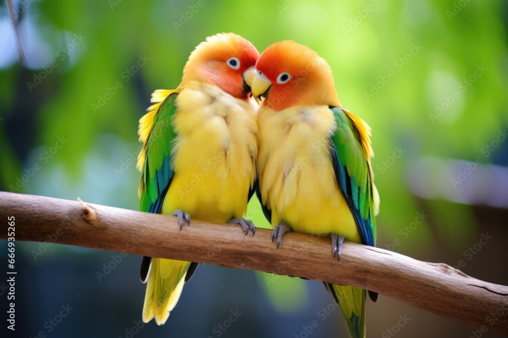two lovebirds perched close together on a branch
