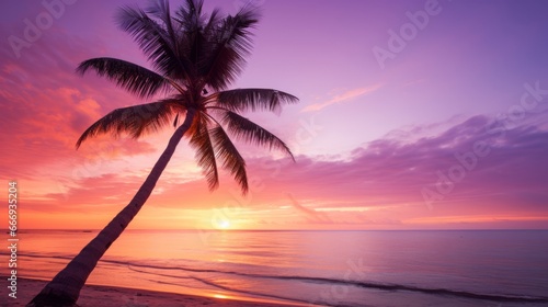 A coconut palm tree against a pink sunset © Cloudyew