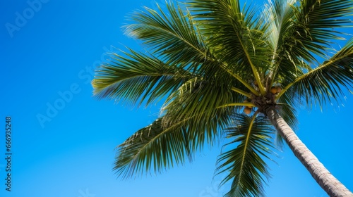 A coconut palm tree against a clear blue sky