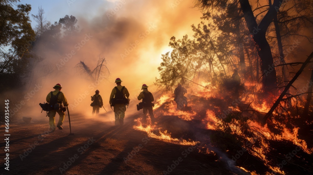 Fototapeta premium A team of firefighters coordinating efforts to battle a blaze