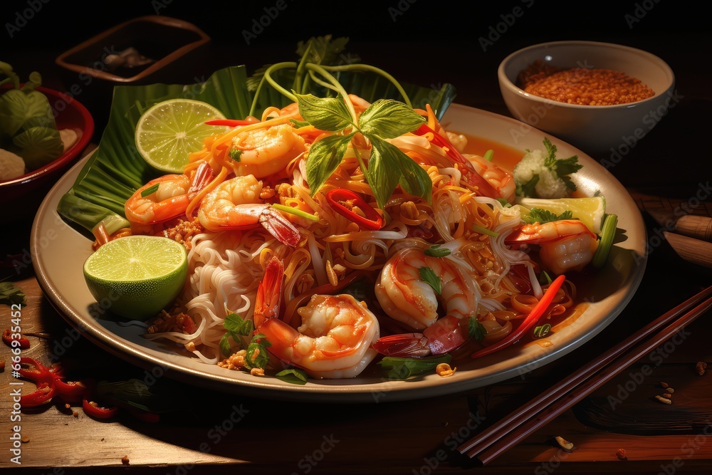 A plate of Thai pad thai with rice noodles, shrimp, and a variety of vegetables A plate of Thai pad thai with rice noodles, shrimp, and a variety of vegetables