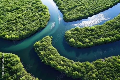 a waterway route through mangrove forests seen from above photo