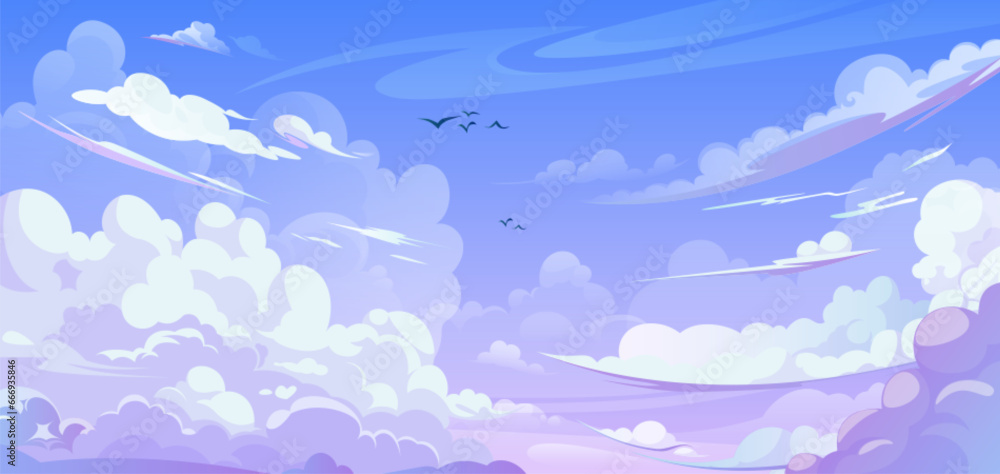Anime style sky background with clouds. Vector cartoon illustration of beautiful heavenly cloudscape in pink, light blue gradient colors, birds flying high, cloudy summer day, sunrise or sunset design Anime style sky background with clouds. Vector cartoon illustration of beautiful heavenly cloudscape in pink, light blue gradient colors, birds flying high, cloudy summer day, sunrise or sunset design