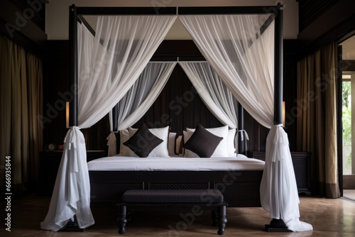 a tall four-poster bed with a blackout canopy © altitudevisual