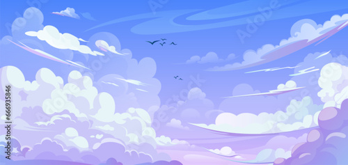 Anime style sky background with clouds. Vector cartoon illustration of beautiful heavenly cloudscape in pink, light blue gradient colors, birds flying high, cloudy summer day, sunrise or sunset design