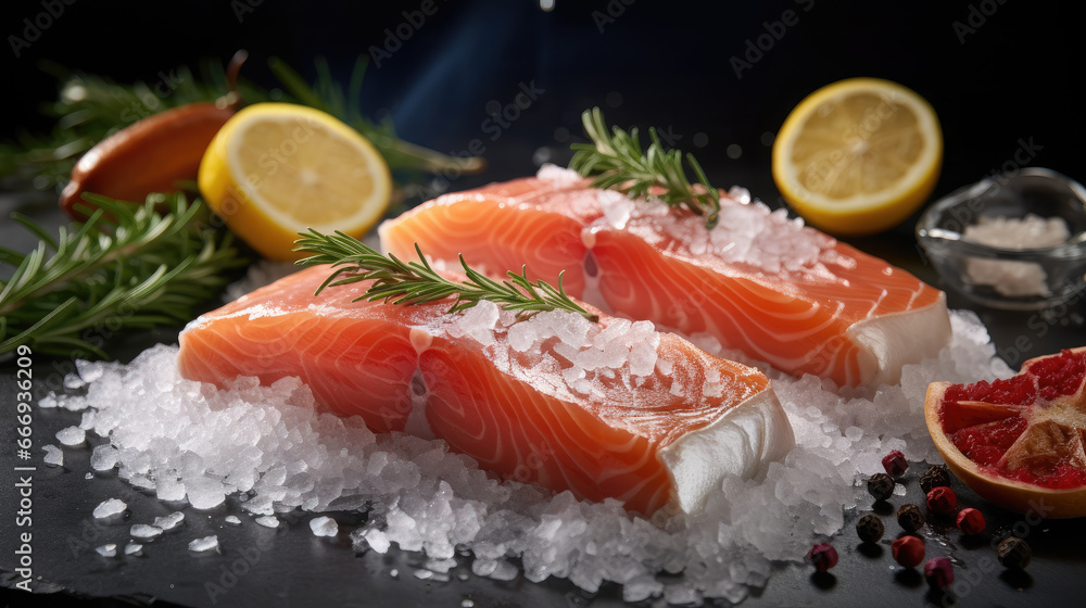 fresh red ocean salmon on ice, seafood, frozen, cooking, restaurant, food photo, fish, recipe, dish, kitchen, lemon, greens, spices, trout, sea fresh red ocean salmon on ice, seafood, frozen, cooking, restaurant, food photo, fish, recipe, dish, kitchen, lemon, greens, spices, trout, sea