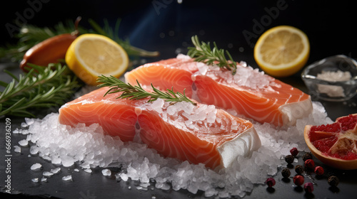 fresh red ocean salmon on ice, seafood, frozen, cooking, restaurant, food photo, fish, recipe, dish, kitchen, lemon, greens, spices, trout, sea
