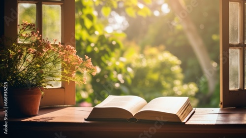 An open book on a sunlit windowsill with a view photo