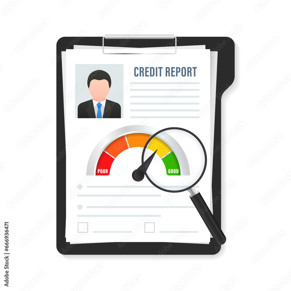 Credit report document. Creative vector credit rating scale with pointer. Bank report on the risk of applications for borrowing documents credit business market. Business card. Vector illustration Credit report document. Creative vector credit rating scale with pointer. Bank report on the risk of applications for borrowing documents credit business market. Business card. Vector illustration