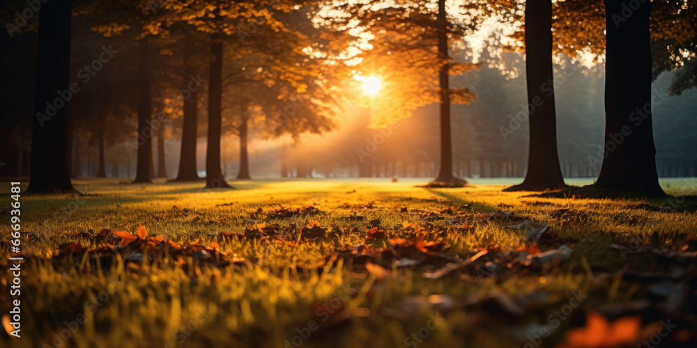 levé de soleil sur un paysage d'automne aux couleurs dorée et feuilles mortes