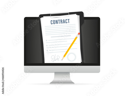 Signing the contract on the computer screen. Contract agreement, memorandum of understanding, legal document stamp, concept for web banners, websites. Pencil agreement contract. Vector illustration