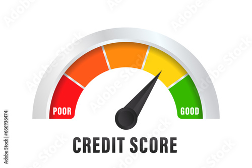 Credit score narrow gauge speedometer indicator with color levels. Measurement from poor to excellent rating for credit or mortgage loans concept. Credit rating performance design. Vector illustration photo