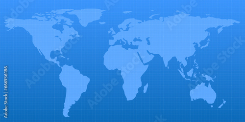 Blue geopolitical map of World. Top view with background grid. Drawing of map on squared paper. Vector illustration