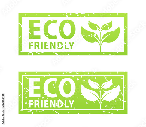 Eco Friendly Stamp Sign. Green grunge stamp. Natural recyclable packaging sign. Eco friendly product. Vector illustration