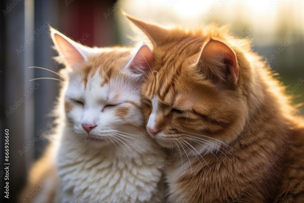 two cats grooming each other in a warm, comfortable setting