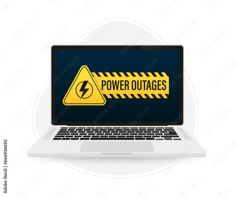 Power outage, warning banner on the laptop screen with low battery and