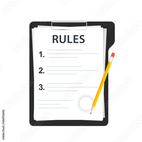 Rules for employees or users, banner template. Paper agreement with pencil for signature. Terms and conditions, business contract. Design isolated on white background. Vector illustration