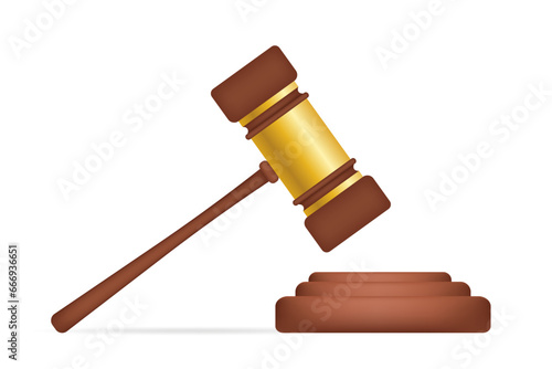 Wooden brown judge's gavel, gavel for court decision. Realistic vector isolated on white background. Auction hammer with gold on a stand. Symbol of the system of law and justice. Vector illustration