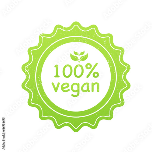 100 percent vegan label grunge. 100 percent vegan logo vector icon. Vegetarian organic food label icon with leaf. Green natural vegan symbol. Vector illustration