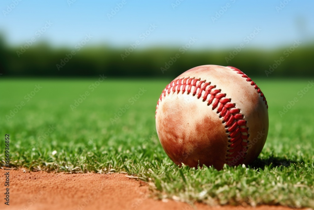 detail of a baseball glove with ball on a field