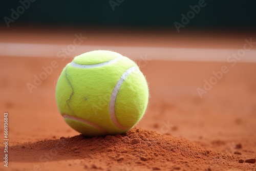 close-up of a tennis ball on a clay court