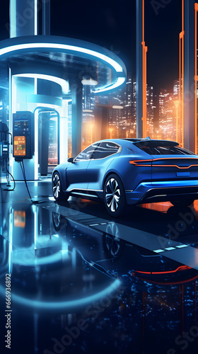 Futuristic hydrogen fuel cell car refueling at a cutting-edge station for renewable energy transportation and driving in story format