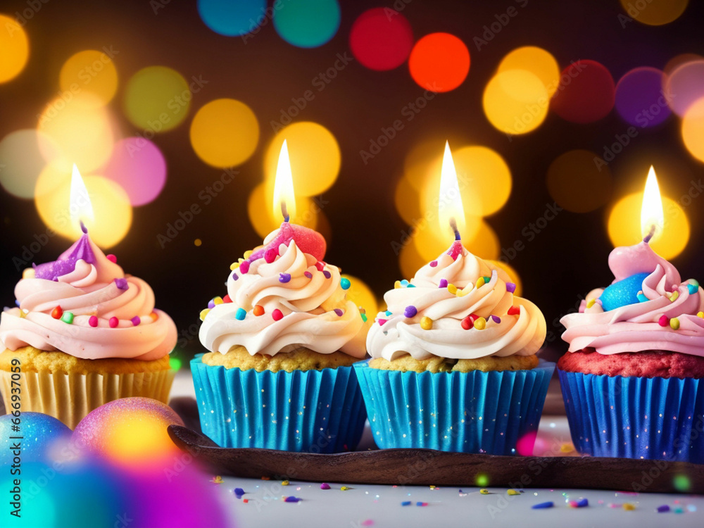 Row Of Colorful Cupcake With Candles And Bokeh