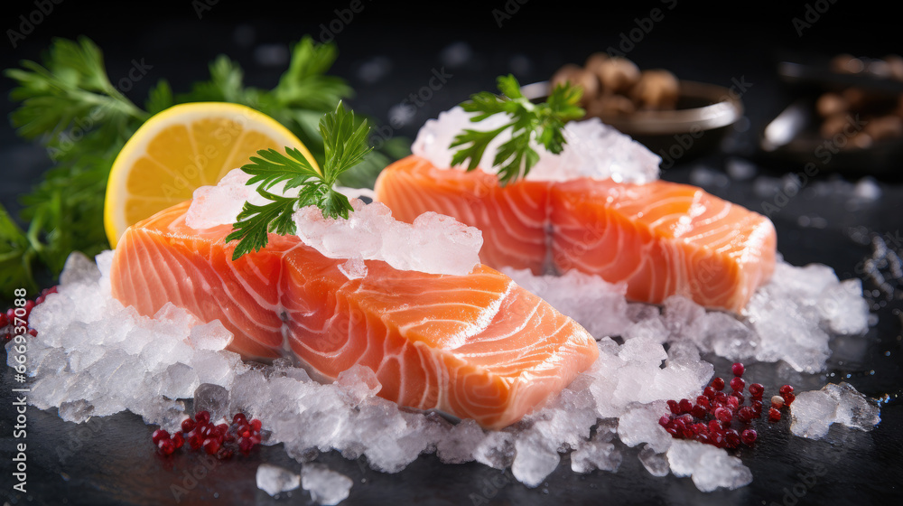 fresh red ocean salmon on ice, seafood, frozen, cooking, restaurant, food photo, fish, recipe, dish, kitchen, lemon, greens, spices, trout, sea fresh red ocean salmon on ice, seafood, frozen, cooking, restaurant, food photo, fish, recipe, dish, kitchen, lemon, greens, spices, trout, sea