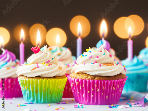Row Of Colorful Cupcake With Candles And Bokeh