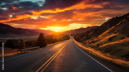 A road with a stunning sunset over the mountains © Cloudyew