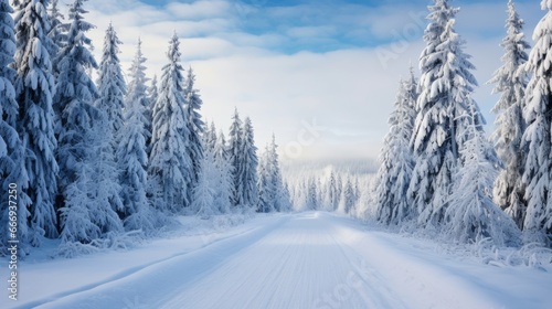 A road through a winter wonderland with snow-covered trees