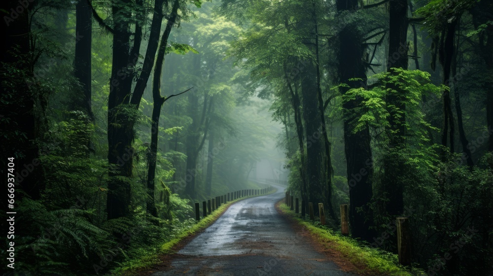 Obraz premium A road through a dense, misty forest